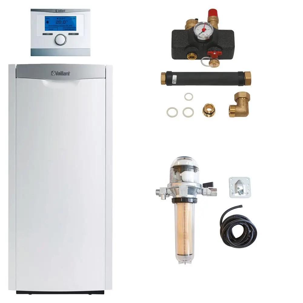 Vaillant Heizgerät in Weiß, inklusive Thermostat, Heizungsanschluss, Druckregler und Zubehörteilen wie einem Filter und Verbindungselementen auf einem weißen Hintergrund.
